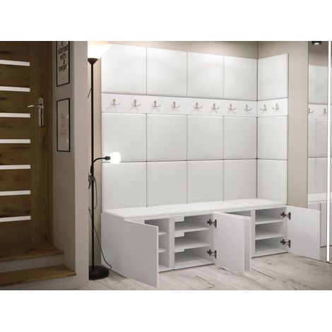 Meuble d'entrée Pinis II, Blanc, 186x168x46cm, Stratifié, Faux cuir, À poser, Murale