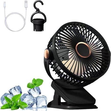Ventilateur pince, USB Silencieux, 5 Vitesses, Rotation 360°, Avec des lumières, Convient aux bureaux aux dortoirs,1200mah,noir (1/5)