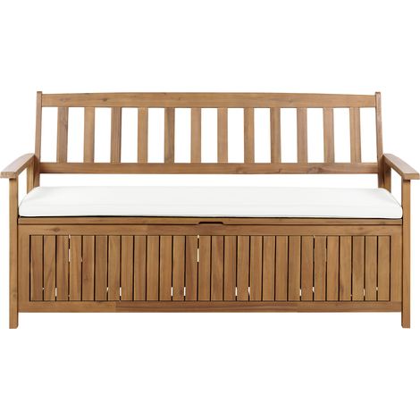 Banco de jardín con almacenaje de madera maciza de acacia rústico 160 cm con cojín blanco crema Sovana