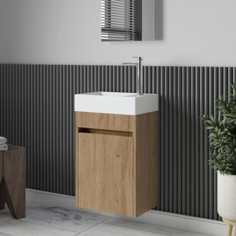 Stano. – Meuble lave-main salle de bain 45 cm – Vasque céramique blanche sans trop-plein – Meuble bas suspendu chêne clair mélaminé – Installation rapide