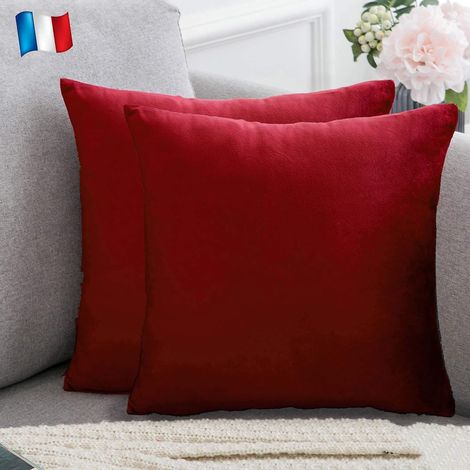 Lot de 2 Housses de coussin Velours 40x40 cm Uni Rouge Bordeaux Fermeture invisible Salon Chambre