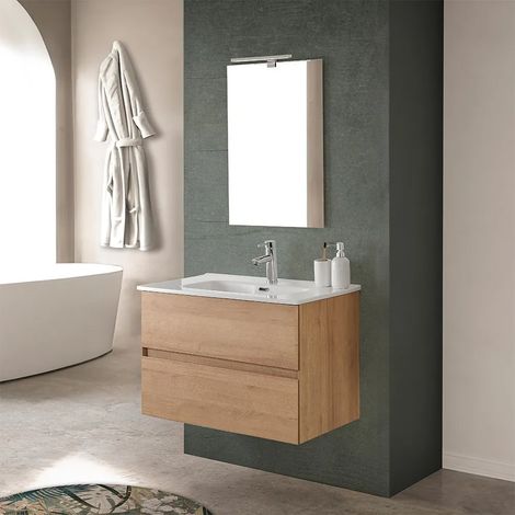Mobile bagno sospeso 80 cm noce gold con lavabo in ceramica Dafne (1/5)