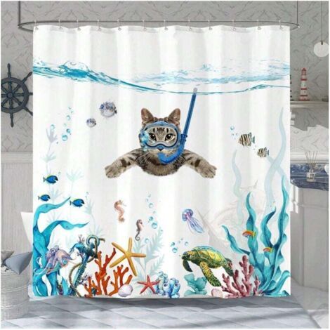 QORVA-Rideau de douche motif chat amusant, tissu imperméable bleu sarcelle avec motif animalier, pieuvre, étoile de mer, tortue, ancre, poisson, décoration de salle de bain nautique (bleu, 180 x 180 c