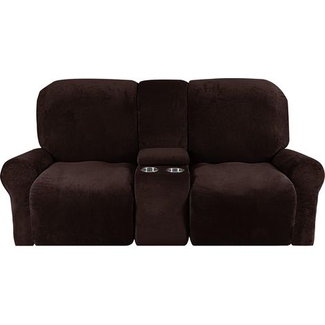 Soft stretch jacquard recliner chair cover with cup holder holes, machine washable furniture protector (2-seater, dark brown) (1/5)
