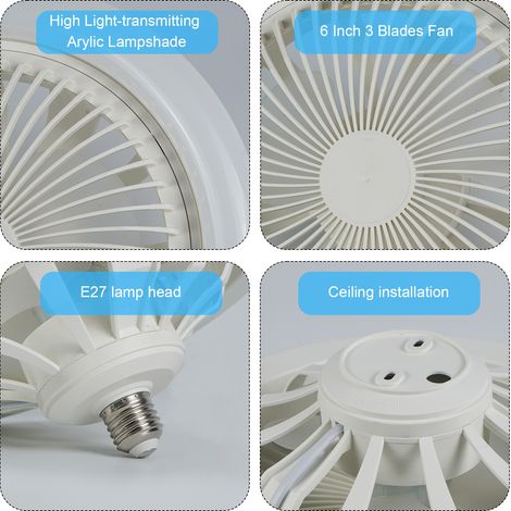 Ventilateur Plafonnier E27 Blanc 3 Vitesses Abat-jour Acrylique Lumière LED 6500K Hélice Silencieuse Compact pour Chambre Salon Bureau (1/4)