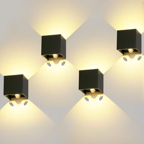 4 Pièces LED Applique Murale Exterieur Interieur 12W Avec détecteur de movement 3000K Luminaire Exterieur Murale IP65 Lampe Murale Avec Angle de Faisceau Réglable Up Down Design