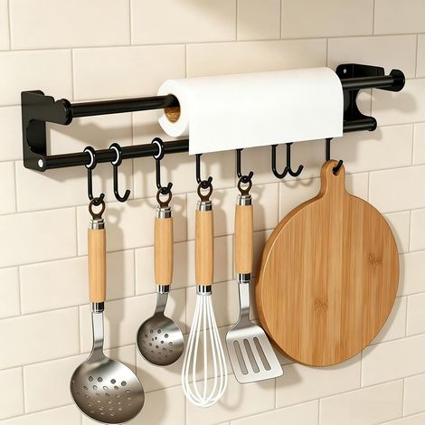 50 cm lange Küchenschiene mit 8 Haken, schwarz, Wandhalterung für Küchenutensilien, Montageanleitung inklusive, ideal für Küche, Bad und Haushalt. (1/5)
