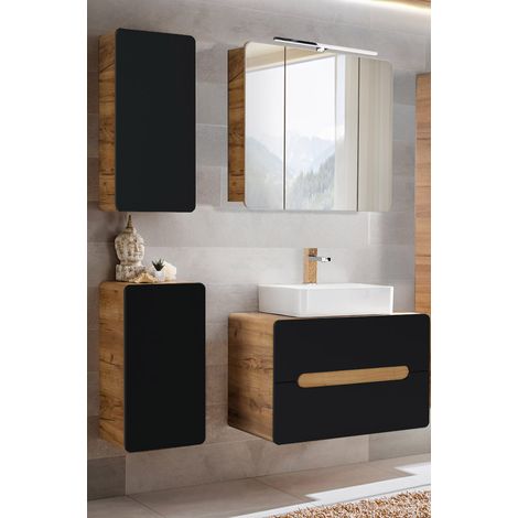Badezimmermöbel-Set mit Keramik-Waschbecken NEW-LUTON seidenmatt anthrazit mit Wotan Eiche Nb., B/H/T ca. 130/200/46 cm (1/5)