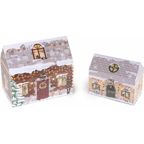 Boîtes de Noël en bois doublé en forme de maisonnette enneigée avec crochet de fermeture, grande : 24 x 14 x H. 21,5 cm