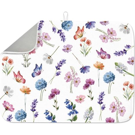 Tapis de séchage pour vaisselle motif papillon 45 x 60 cm - Tapis de séchage vintage à fleurs sauvages - Tapis de séchage pour table, comptoir, évier, café, bar (1/5)