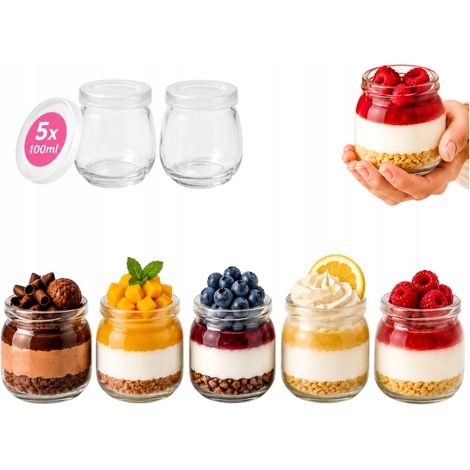 Dessertgläser, 100-ml-Glasbehälter für Joghurt-Honig-Mousse mit Verschluss, 5-fach glatt (1/5)