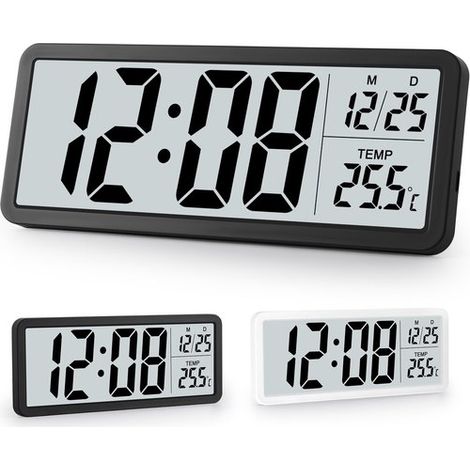 Réveil numérique - Horloge numérique - Horloge murale numérique - Grand affichage de la date et de la température - Fonctionne sur piles ou USB, fixation murale ou de table - Silencieux, sans tic-tac (1/5)