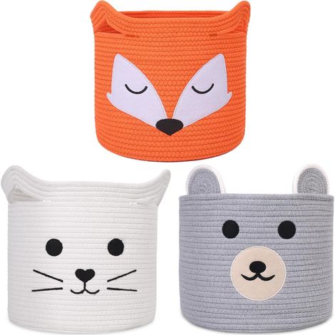 Lot de 3 Panier de rangement, Coton tressé, Motif animal, 30x30x30 cm, Pour jouets et linge