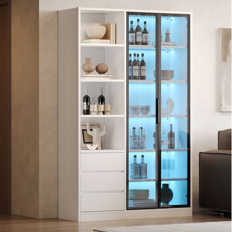 Vitrina con LED blanca de 100 cm, 2 puertas de vidrio templado, 3 cajones y estantes abiertos para vajilla y botellas – CHICFURN para salón y comedor moderno (1/5)