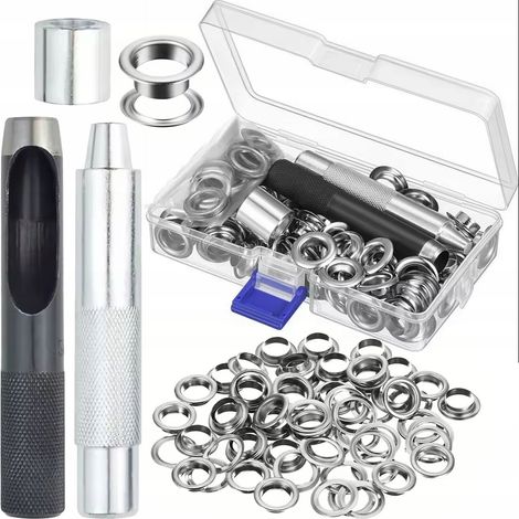 Juego FixTool ProKit de 12 mm - Juego de 100 ojales metálicos para lona con perforadora y remache Para tiendas de campaña, pancartas y tejidos técnicos 12 mm Versión para bricolaje (1/5)