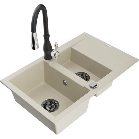 Mexen Gaspar évier en granit 1,5 bac avec égouttoir et mitigeur cuisine Savita, beige - 6507-69-672601-70 (1/5)
