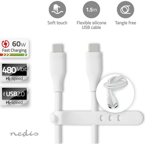 Cable usb usb 20 usb c macho usb c macho 60w 480mbps niquelado 150 metros redondo silicona blanco caja