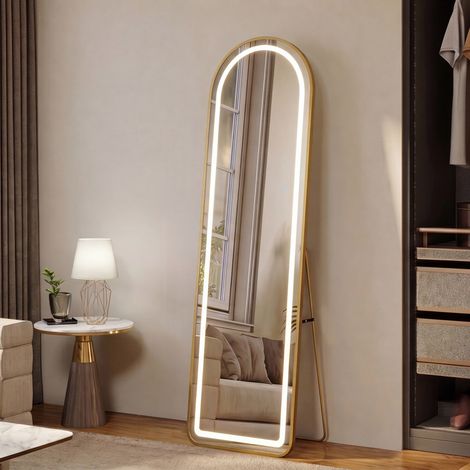 Specchio a figura intera con illuminazione a LED - 150x40 cm - In vetro temperato a forma di arco con angoli arrotondati, illuminazione tattile - Dorato (1/5)