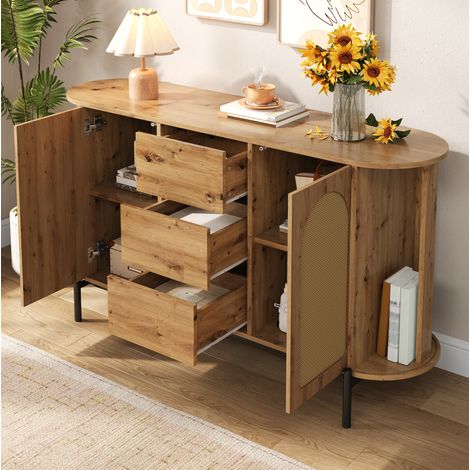 Credenza ovale naturale con ante scorrevoli, cassetti, piedi in metallo, MDF e rattan (1/5)