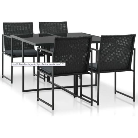 Table carrée et 4 chaises de jardin résine tressée noir et métal Malm (1/4)