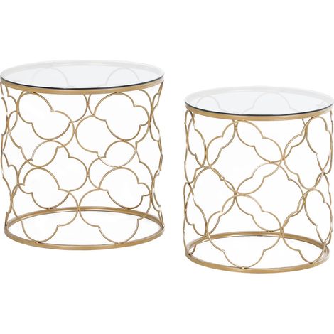 Ensemble de 2 tables basses empilables au style Art déco, avec structure en métal et plateau en verre, finition dorée élégante