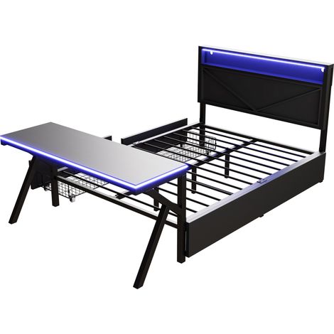 Lit plateforme gaming en métal 140x200 cm avec tête de lit LED, bureau LED et deux tiroirs, noir (1/5)