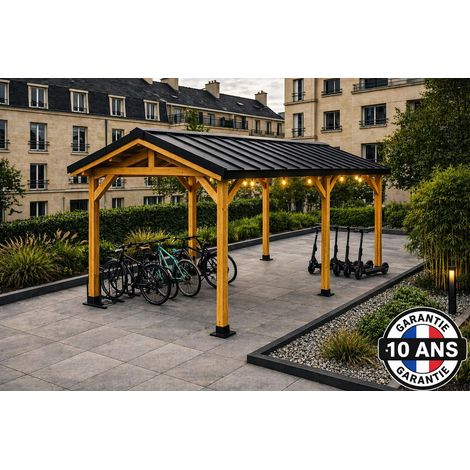Carport bois Douglas français 15 m² double pente couverture acier avec pieds fixes garantie 10 ans (1/5)
