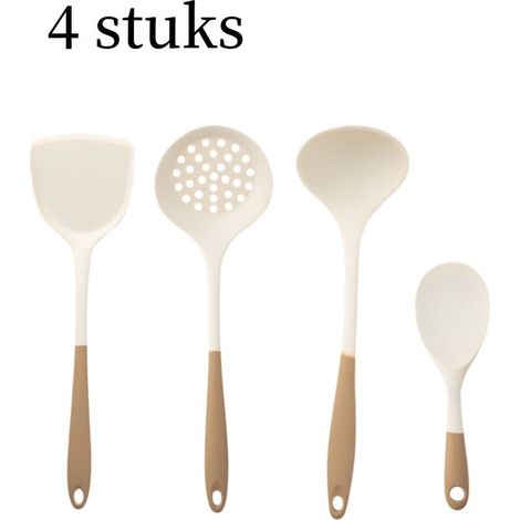 Set of 4 silicone kitchen utensils including spatula, spoon, skimmer, ladle and rice spoon, heat resistant, white and brown (1/5)