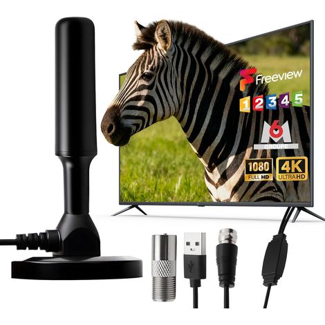 1 Antenne TV Intérieure,Réception 360°,Base Magnétique,Câble Coaxial 3M,Compatible 4K UHD TNT HD DVB-T2