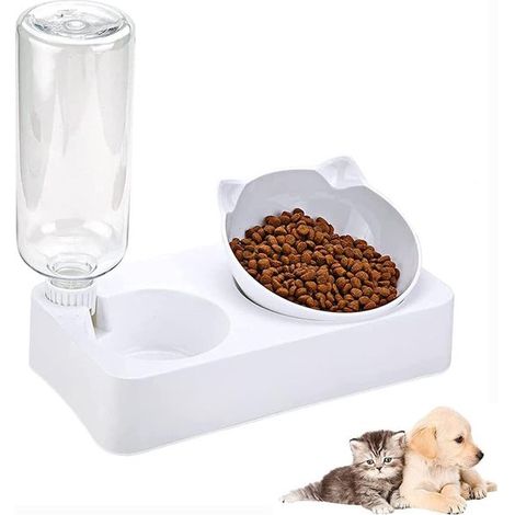 Gamelle double 2-en-1 pour chat avec distributeur d’eau, écuelle surélevée pour nourriture et boisson, système pratique d’alimentation et d’abreuvement, blanc (1/5)