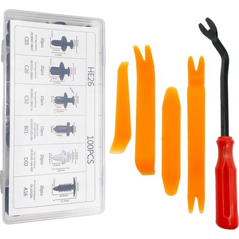 100 Pcs Plastic Rivet Clips + 5 Pcs Removal Tools, Universal Plastic Car Fastener Clips for Auto Cars Door Panels (1/5)