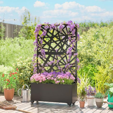 Jardinière avec treillis, bac à fleurs, avec brise-vue et roulettes verrouillables, métal, 90 x 30 x 160 cm, noir (1/5)