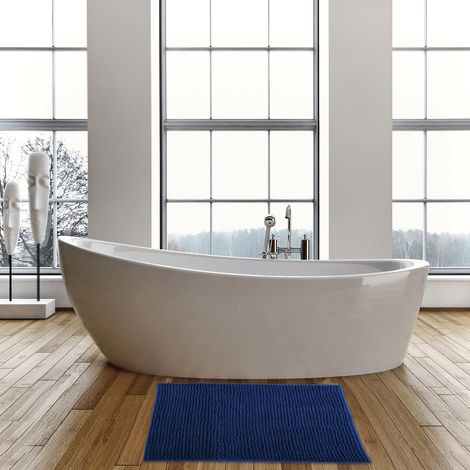 Tappetino da bagno in microfibra - Pelo lungo, antiscivolo - Lavabile in lavatrice - Comodo passante per appenderlo - Comfort e igiene ottimali - Blu scuro - Taglia unica - 50 x 80 cm (1/4)