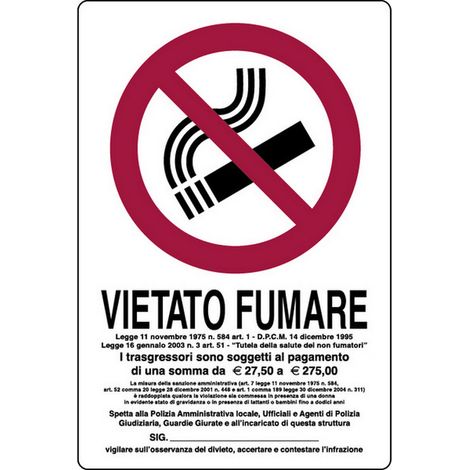 10PZ CARTELLO SEGNALETICO VIETATO FUMARE CON LEGGE cm. 20x30