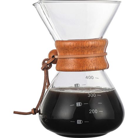 Cafetera de filtro manual ecológica: jarra de vidrio de borosilicato de 414 ml con doble filtro de acero inoxidable y funda de madera. (1/5)