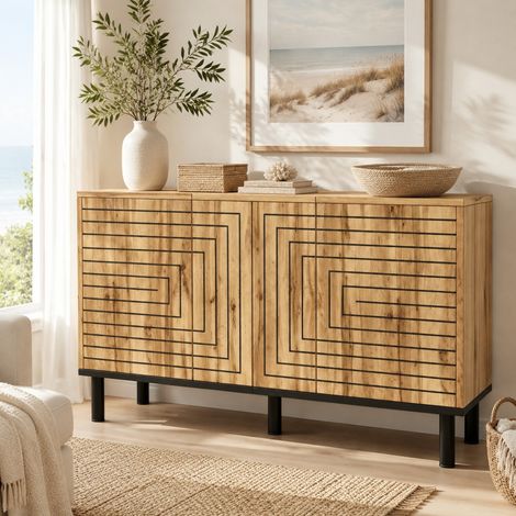 Mueble TV 120 x 35 x 68 cm, 3 puertas con motivo de ondas, natural OKMYHOME (1/5)