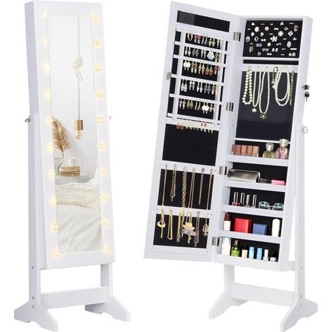 Armoire à bijoux avec miroir réglable et 20 lumières LED, bois, blanc, 40 x 37 x 146 cm