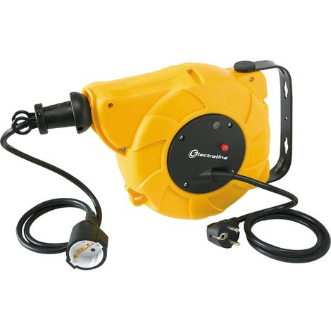 Enrouleur de câble Ressort 15M (13+2), avec support de fixation mural, rallonge électrique avec système d'enroulement automatique, 230 V, 16 A, noir/jaune, 15 M (1/3)