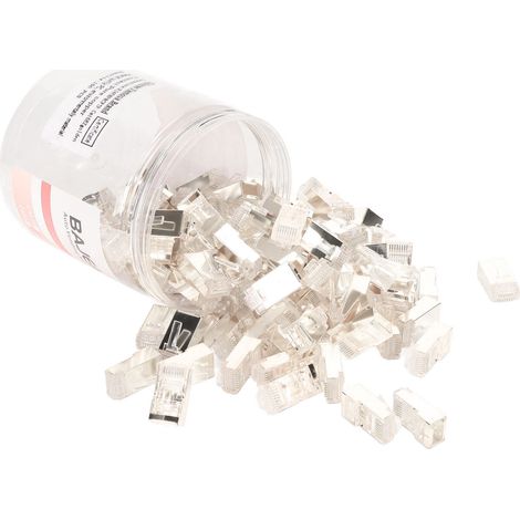 100 connecteurs RJ45 CAT6e traversants, blindés en cuivre pur, prêts à l'emploi, 8P8C, pour câble Ethernet, sertis, plaqués argent. (1/5)