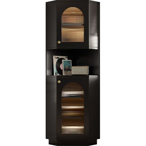 Armoire de salle de bain angle noire, 45x45x166,5 cm, bande lumineuse, étagères réglables, 2 compartiments, gain de place (1/5)