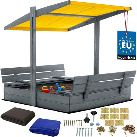 KOTARBAU® Bac à Sable Enfant Extérieur Bois de Pin 120x120 cm Gris Bac à Sable avec Couvercle et Bancs Pliables Protection Solaire avec Toit Jaune