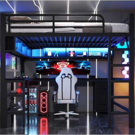 Lit mezzanine enfant 140x200 cm en métal noir, gain de place pour chambre gaming FloraGrace (1/5)