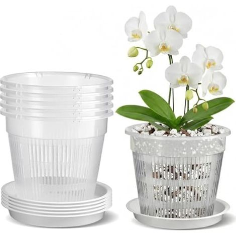 Lot de 5 Pot Transparent Orchidée, 14 cm Pot pour Orchidées Respirant, Transparent Plante avec Trous de Drainage et Soucoupes pour Culture d'Orchidées en Intérieur et Extérieur (1/4)