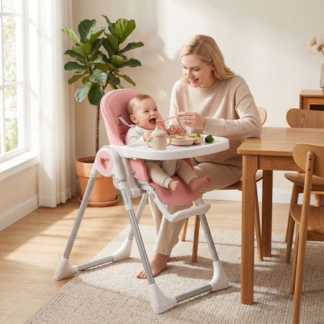 Chaise pliante en papier pour enfants de 6 à 36 mois avec hauteur réglable, Double plateau lavable, Roues, Rose (1/5)