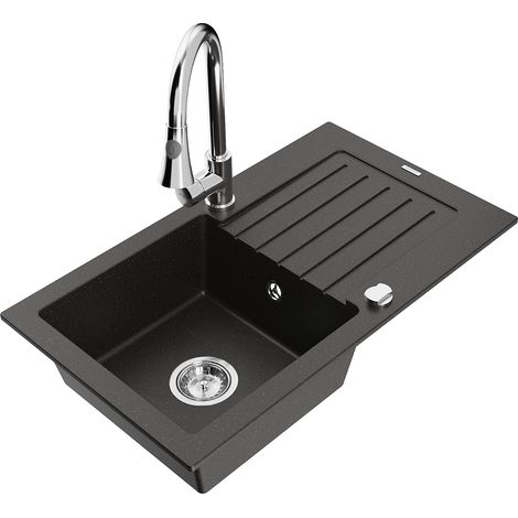 Mexen Pablo lavello da cucina in granito a 1 vasca con scolapiatti e rubinetto Elia, nero/oro metallizzato - 6510-75-670101-00 (1/5)