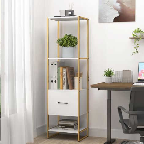 GOPLUS Étagère de Rangement avec 1 Tiroir&4 Étagère Ouvertes-45x35x160CM-Cadre en Métal avec Kit Anti-basculement,Blanc (1/4)