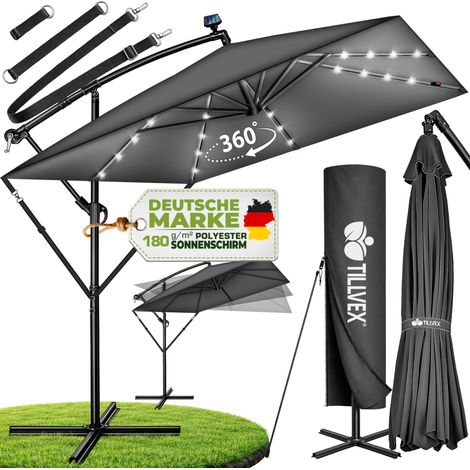 tillvex® Alu Sonnenschirm Rechteckig Ø 330 cm mit LED Solar Anthrazit + Abdeckung mit Kurbel Ampelschirm mit Ständer & Windschutz Gartenschirm UV-Schutz, wasserdicht, 360° drehbar Kurbelschirm Mark (1/5)