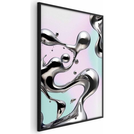Poster – Metallische Fließkräfte – abstrakte silberne Formen auf mintviolettem Hintergrund (1/4)