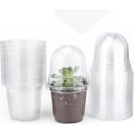 Set di 32 vasetti trasparenti in plastica per semina con coperchio e 10 etichette per piante (10 x 2 cm)