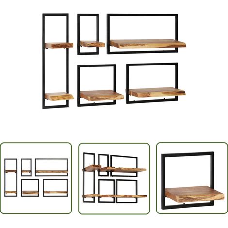 The Living Store Wandregal-Set 5-tlg. Akazienholz Massiv und Stahl - Wand Regal - Holz Regal - Akazienholzmöbel - Industrielles Design - Vintage Deko (1/5)